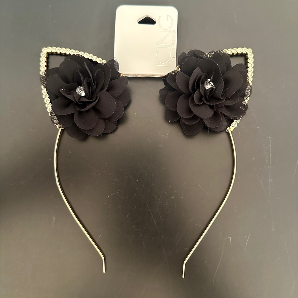 NWT Icing Black Floral Cat Ear Headband